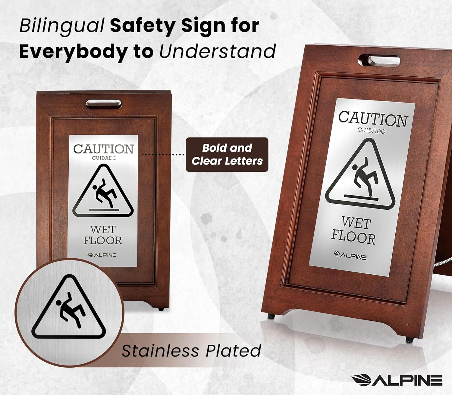 Alpine Industries 2-Sided Wooden Stainless Steel Wet Floor Sign