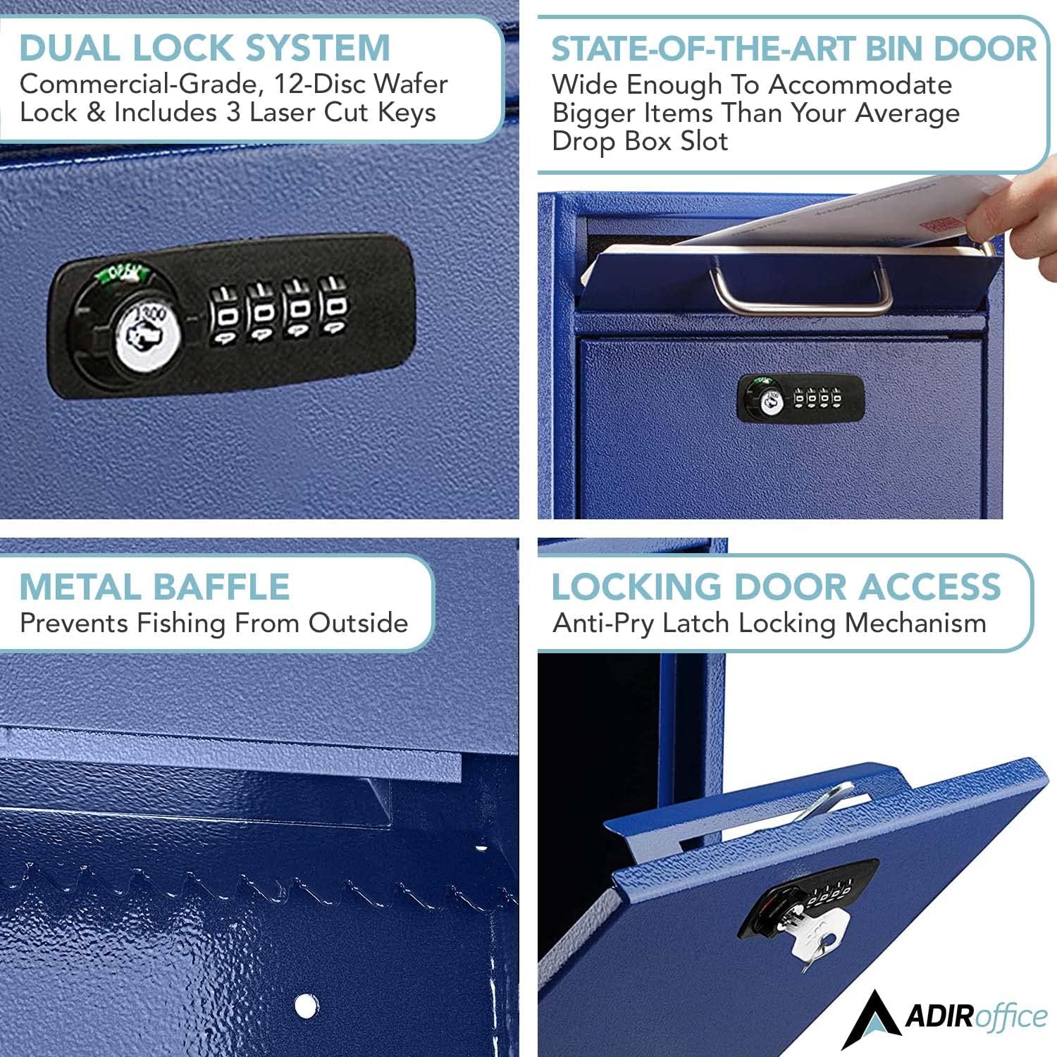 Blue Medium Drop Box Wall Mounted Locking Mail Box with Key and Combination lock with Suggestion Cards