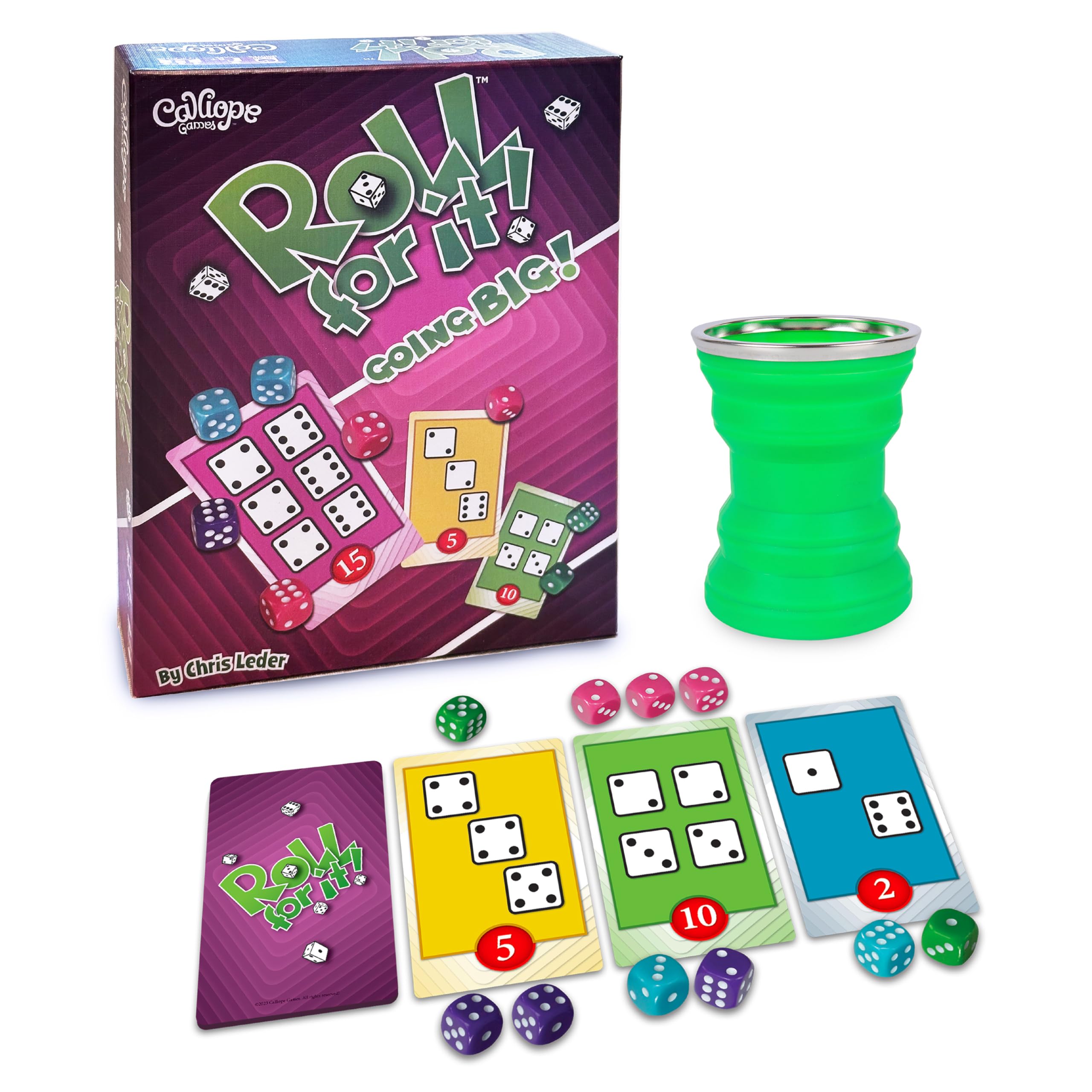 Calliope Games Roll for It Going Big - Fast-Playing Family Dice Game with Big Oversized Cards and Dice, Retirement Party Games, Fun Family Games for Travel, Parties, and Game Night - Purple Edition