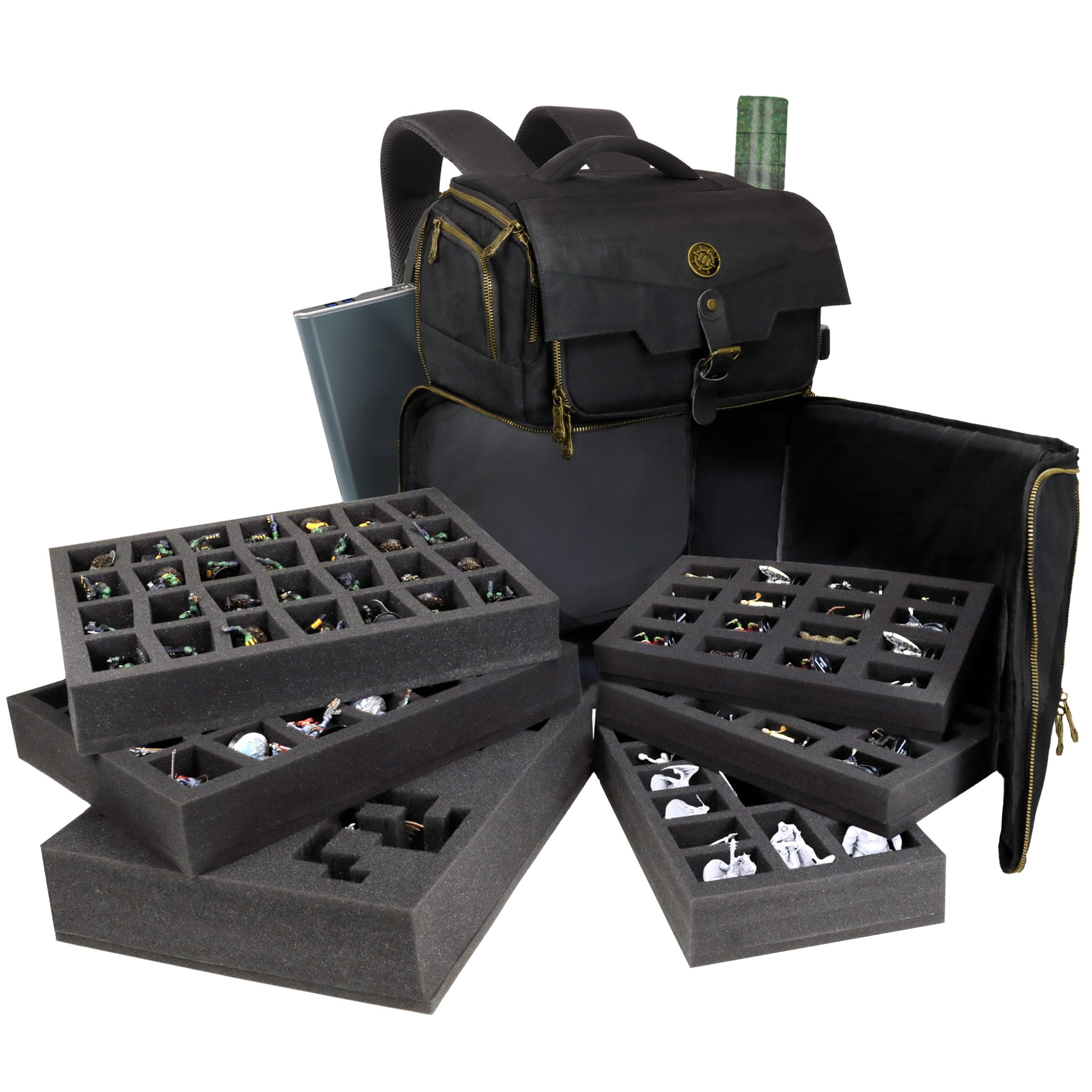 ENHANCE High Capacity Miniature Vault Backpack - Miniature Carrying Case with 6 Foam Trays for 101+ Minis - Ultimate Minis Backpack with Paint Station for 30 Paints, 12 Brushes, Removable Painting Pad