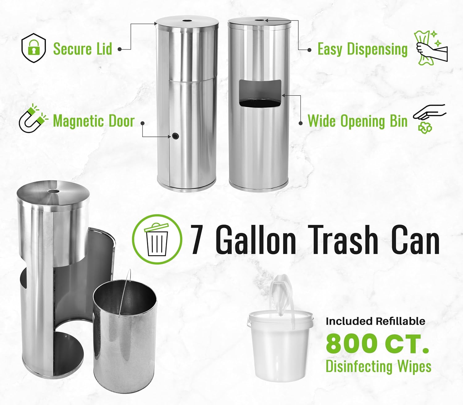 Floor Stand Wipe Dispenser, with High Capacity Built-in Trash Can, Stainless Steel