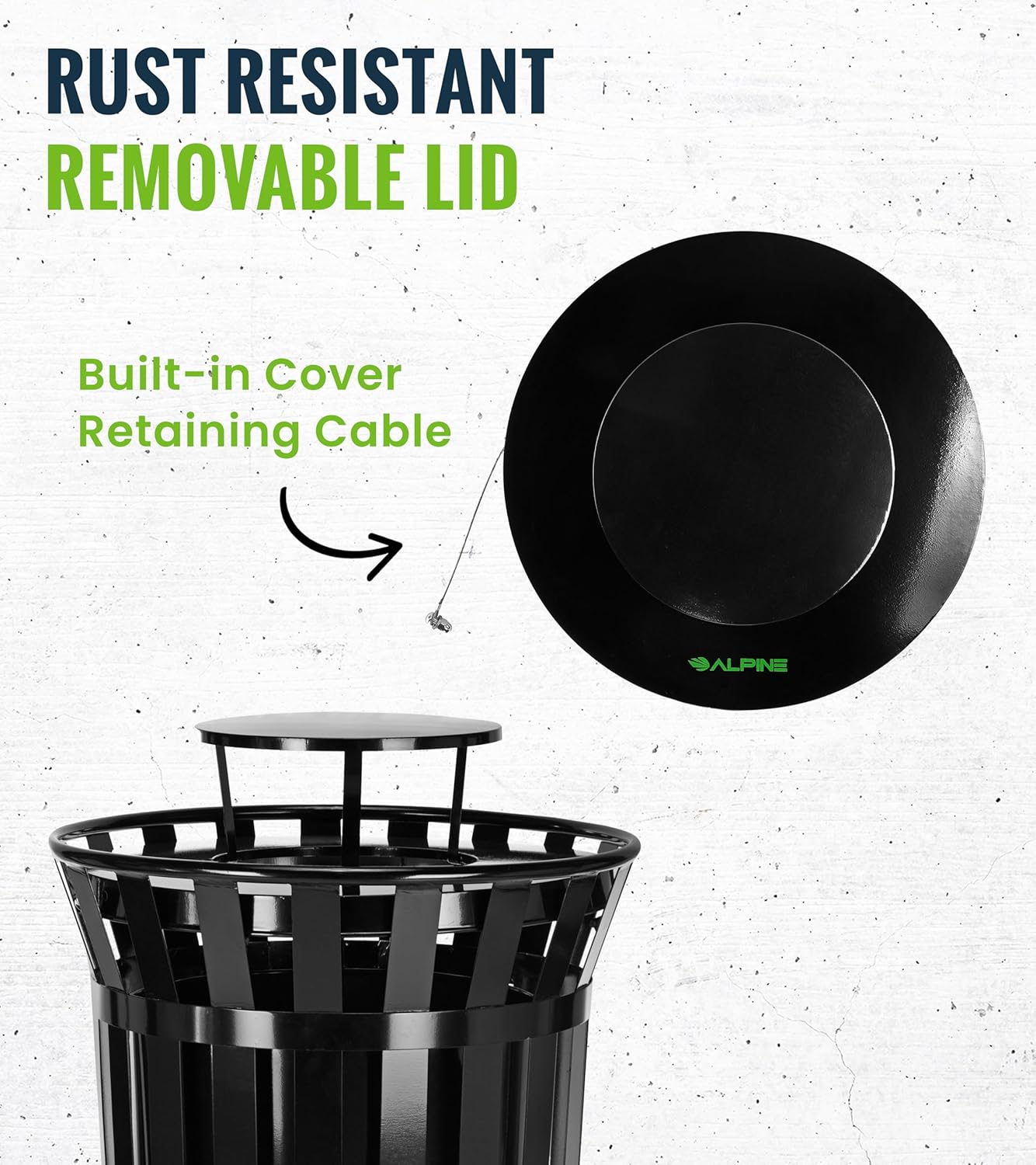 Alpine Industries Rain Bonnet Lid for Outdoor Metal Waste Receptacle - 38 Gallon Black