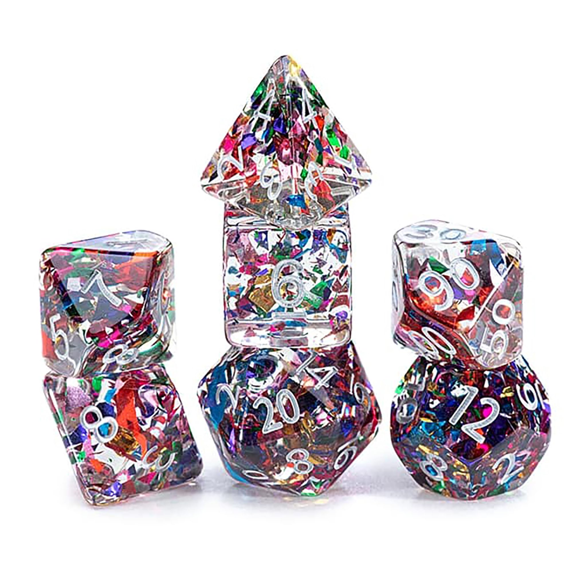 Gate Keeper Games and Dice: Inclusion Dice: Stained Glass - 7pc Set, Translucent, Multi-Color Mylar Shred Inclusion, 7 Resin Dice for Role Playing Games