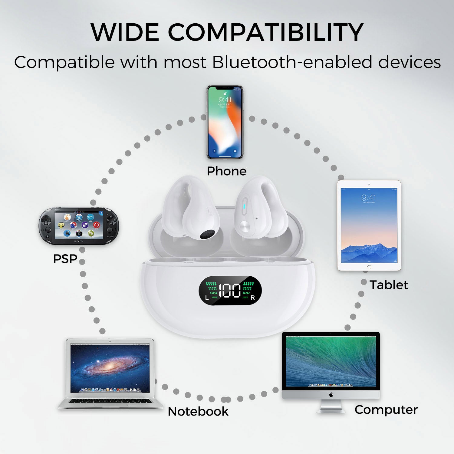 Wireless Ear Clip Bone Conduction Earbuds, White