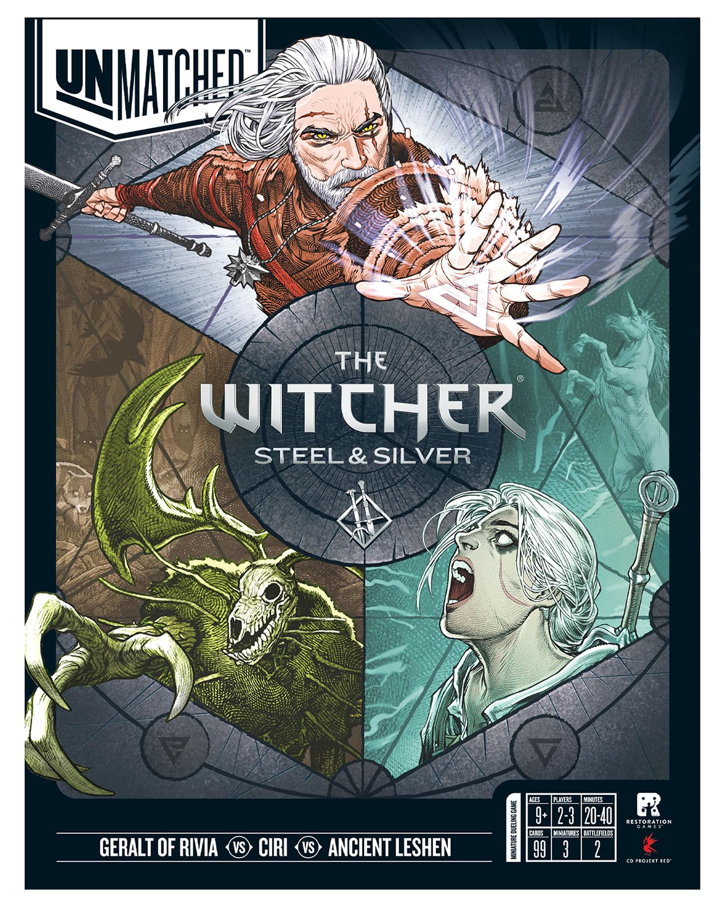 Restoration Games Unmatched The Witcher Steel & Silver - Strategy Board Game for Adults - Witcher Heroes Expansion with Double Sided Battlefield - 2-3 Players - 30 Min Playtime - Ages 9+