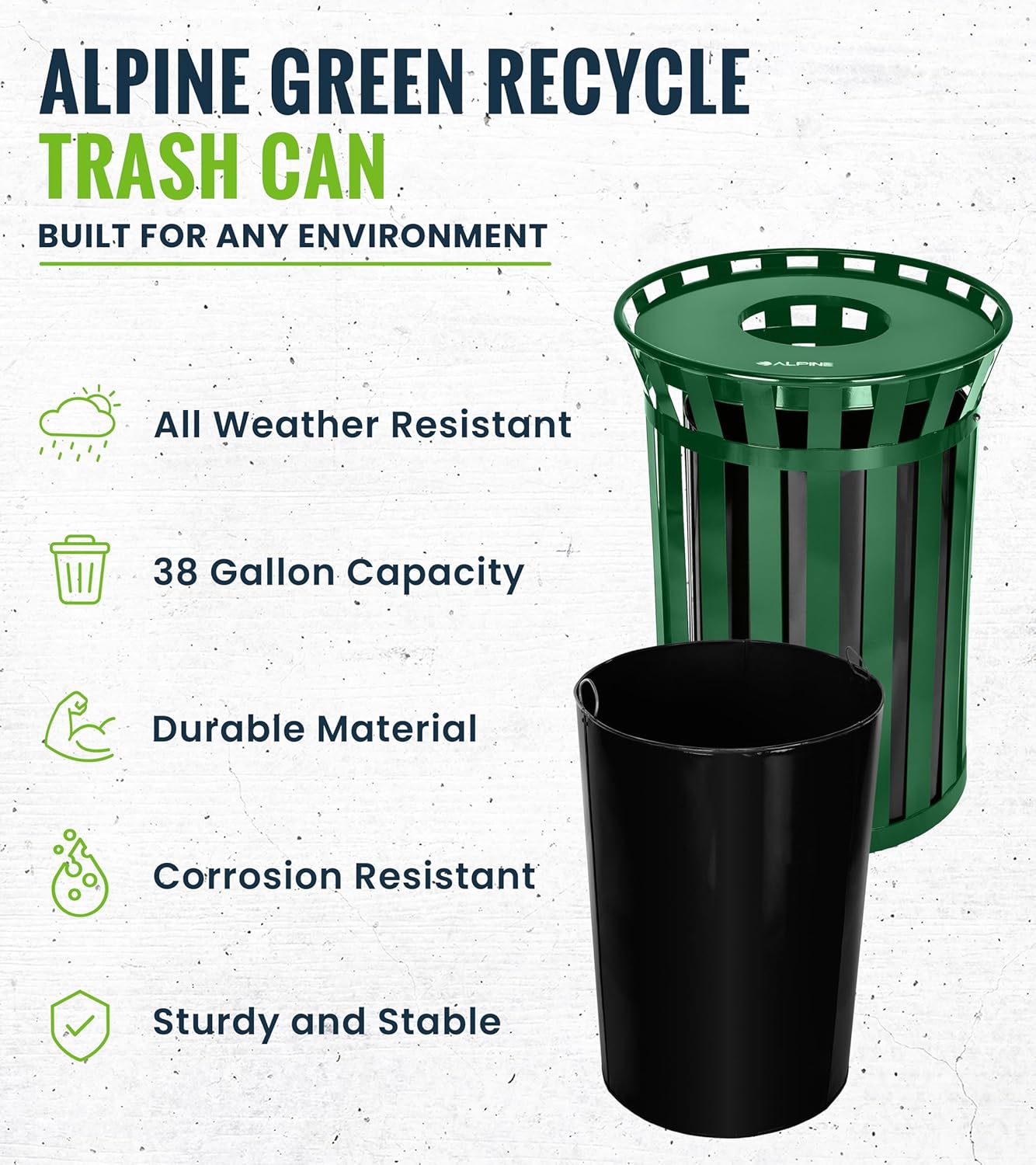 Alpine Industries Outdoor Metal Waste Receptacle - 38 Gallon Green