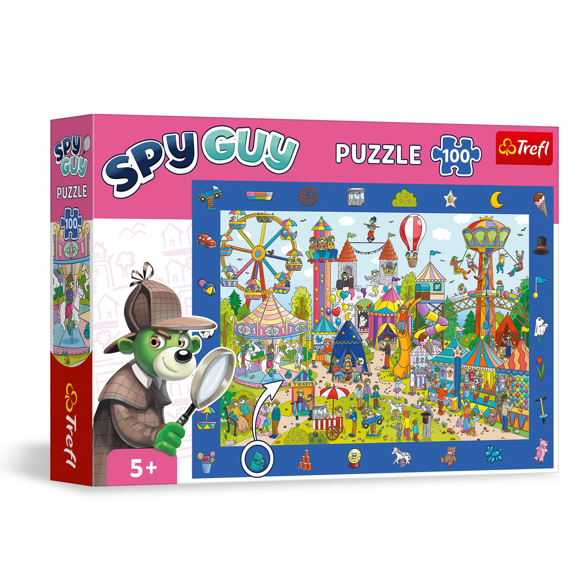 Trefl - Spy Guy Observational Puzzle: Amusement Park - 100 Pieces - Find All Items from The Frame, Colorful Puzzle Full of Details, Perception Training for Children from 5 Years