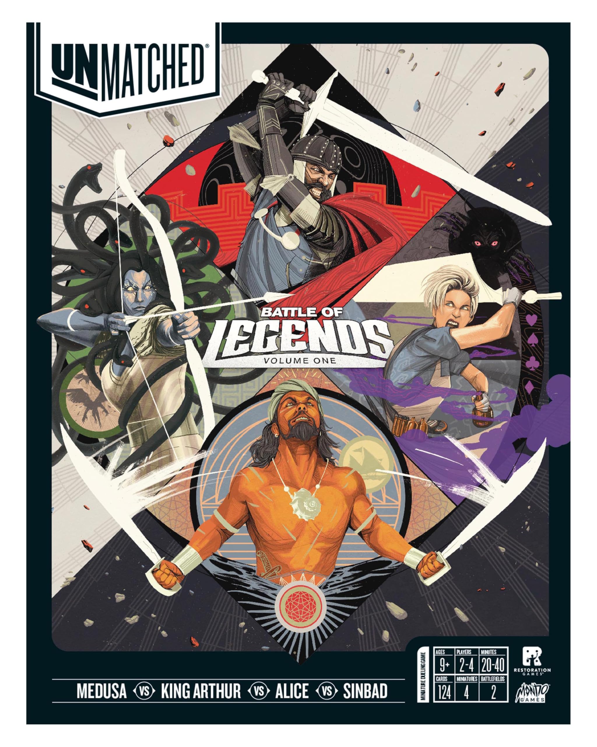Restoration Games Unmatched Battle of Legends Vol 1 - Strategy Board Game for 2 to 4 Players - Expansion with 4 Heroes and Battlefields - 20-40 Min Playtime - Ages 9+