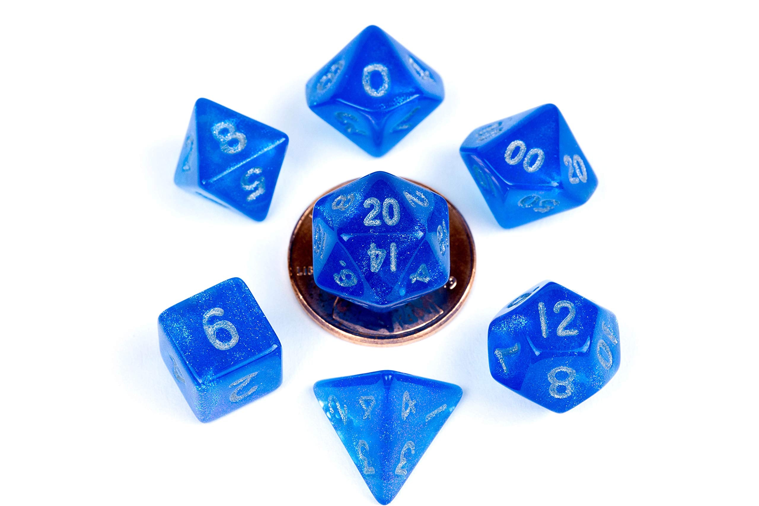 Stardust Blue w/ Silver Numbers 10mm Mini Poly Dice Set