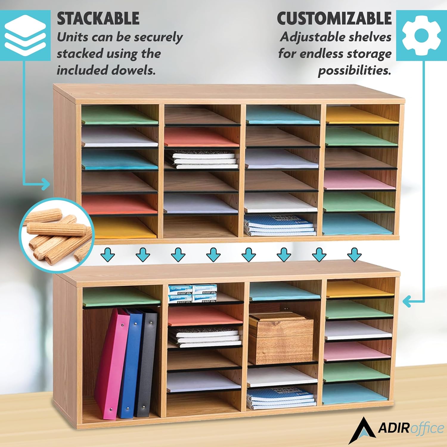 24-Compartment Wood Adjustable Paper Sorter Literature File Organizer, Medium Oak