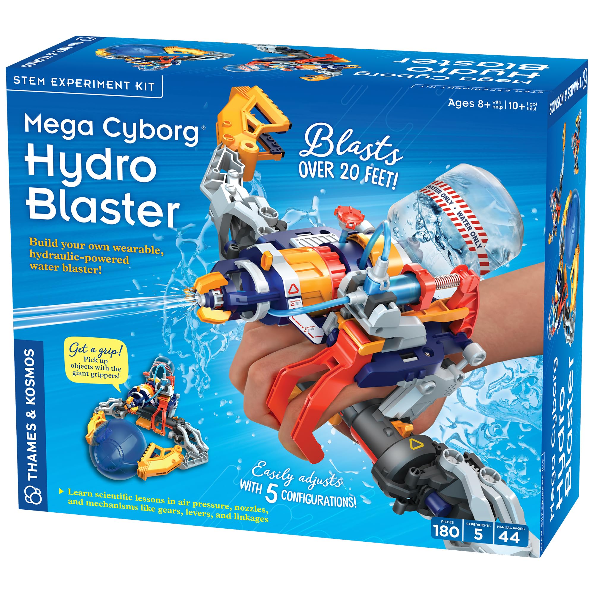 Thames & Kosmos Mega Cyborg Hydro Blaster STEM Experiment Kit, Toy of The Year Finalist - Build a Wearable Hydraulic-Powered Water Toy & Gripper, Shoots Water Up to 20 Feet, Transforms Into 5 Models