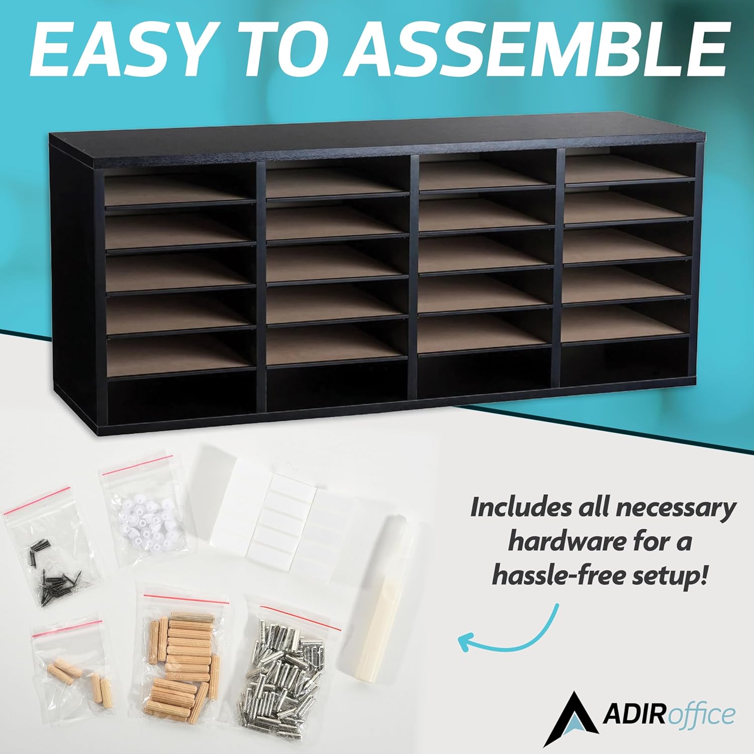 24-Compartment Wood Adjustable Paper Sorter Literature File Organizer, Black