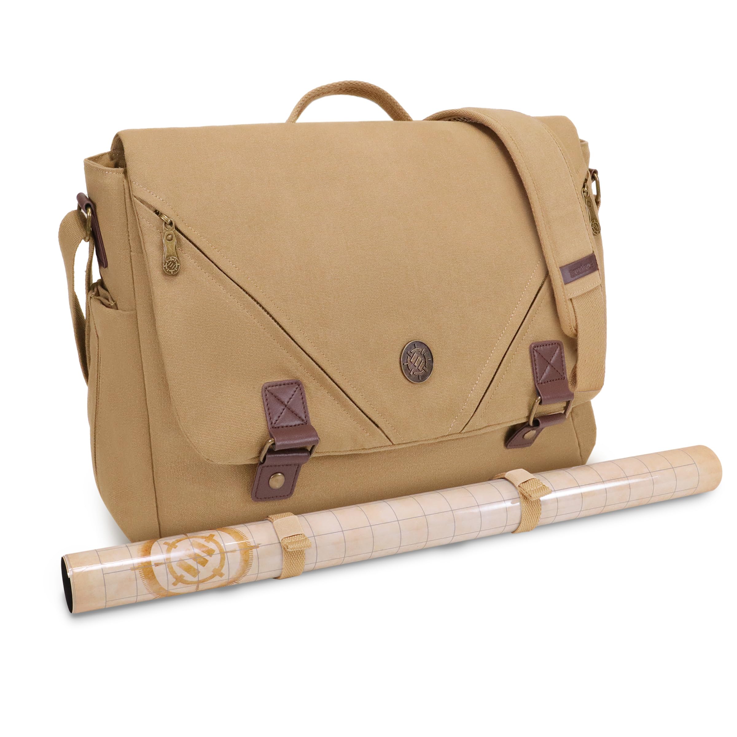ENHANCE Venture DnD Bag - Canvas RPG Player's Essentials Dungeons and Dragons Canvas Messenger Bag with Vegan Leather Accents Fits 2-4 Books, Dice & Accessories, with 17 inch Laptop Slot (Khaki)