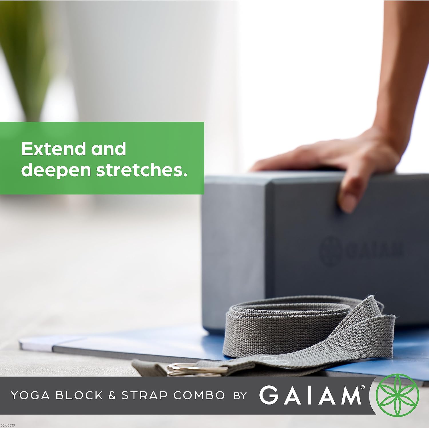 Gaiam Yoga Block - Supportive Latex-Free Eva Foam - Soft Non-Slip Surface with Beveled Edges for Yoga, Pilates, Meditation - Yoga Accessories for Stability, Balance, Deepen Stretches - Black/Strap Combo