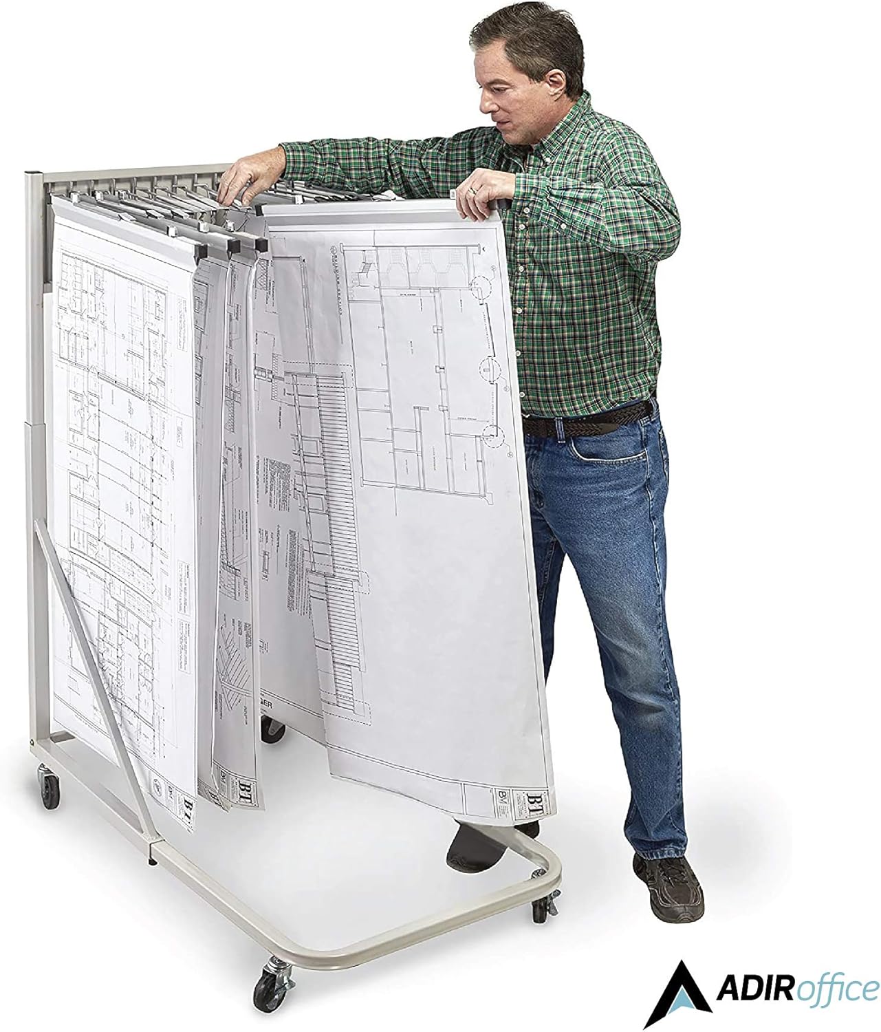 Gray Steel Vertical File Blueprint Rolling Stand with 30 inch Hanging Clamps