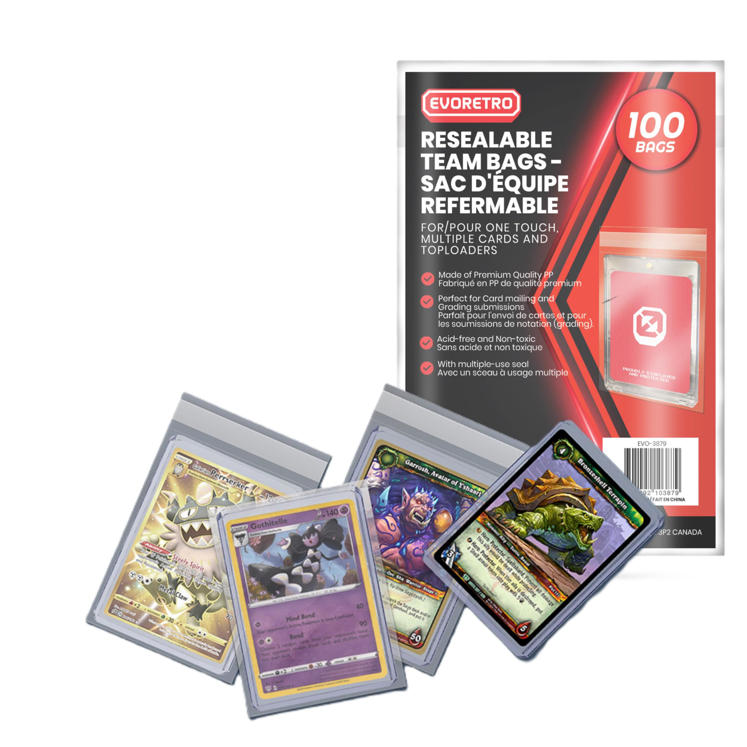 EVORETRO Resealable Team Bags for Trading Cards - 100 Pack Trading Card Team Bags for Toploaders & One-Touch (35pt–100pt) - Acid-Free Crystal Clear TCG Card Sleeves for Storage & Display