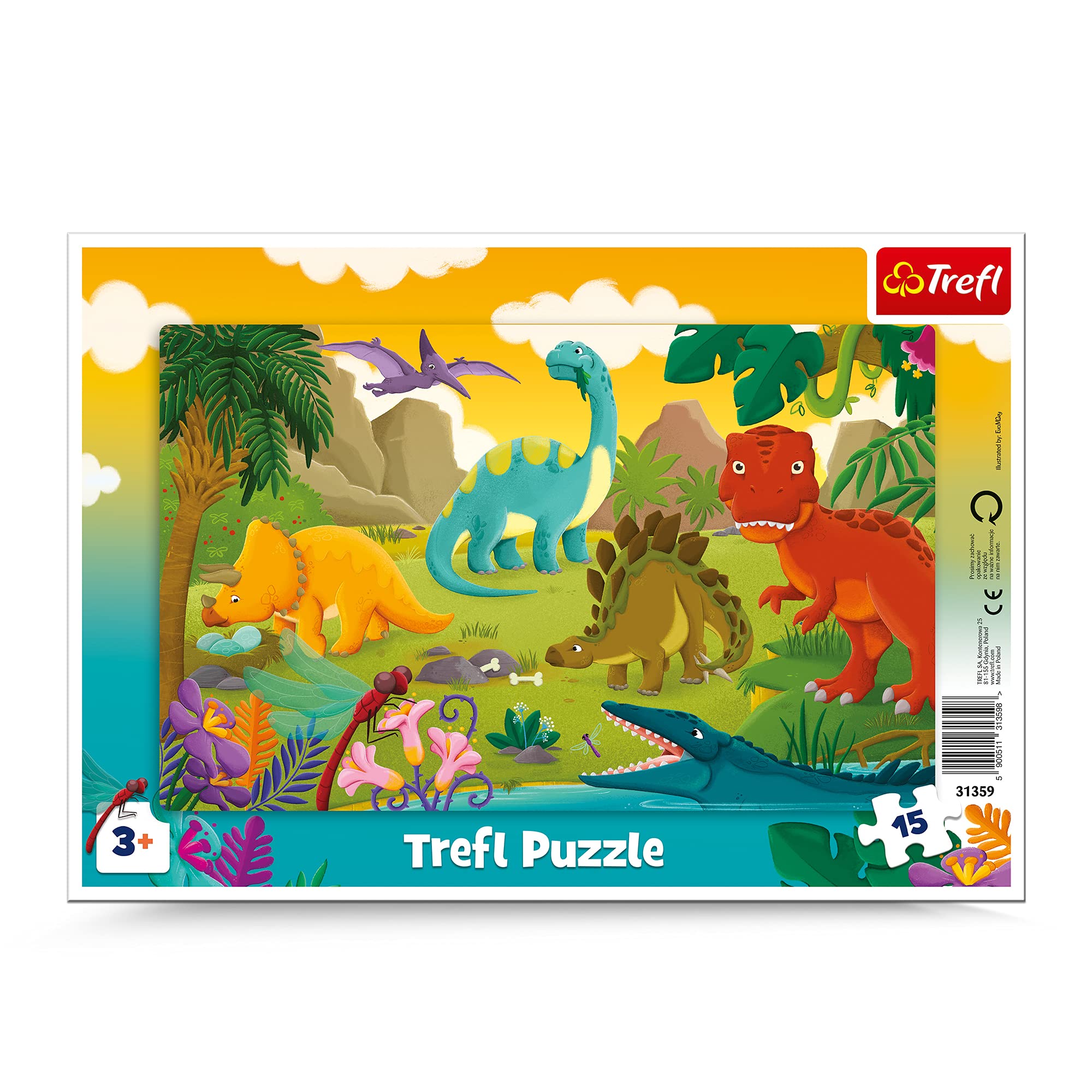 Trefl 15 Piece Jigsaw Puzzle Frame Dinosaurs Print, DIY Puzzle, Creative Fun, Classic Puzzle for Adults and Children from 3 Years Old