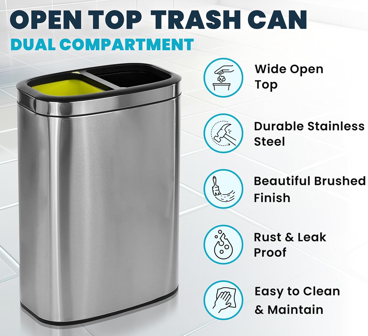 Alpine Industries 40 L / 10.5 Gal Stainless Steel Slim Open Trash Can Dual Compartment, Brushed Stainless Steel