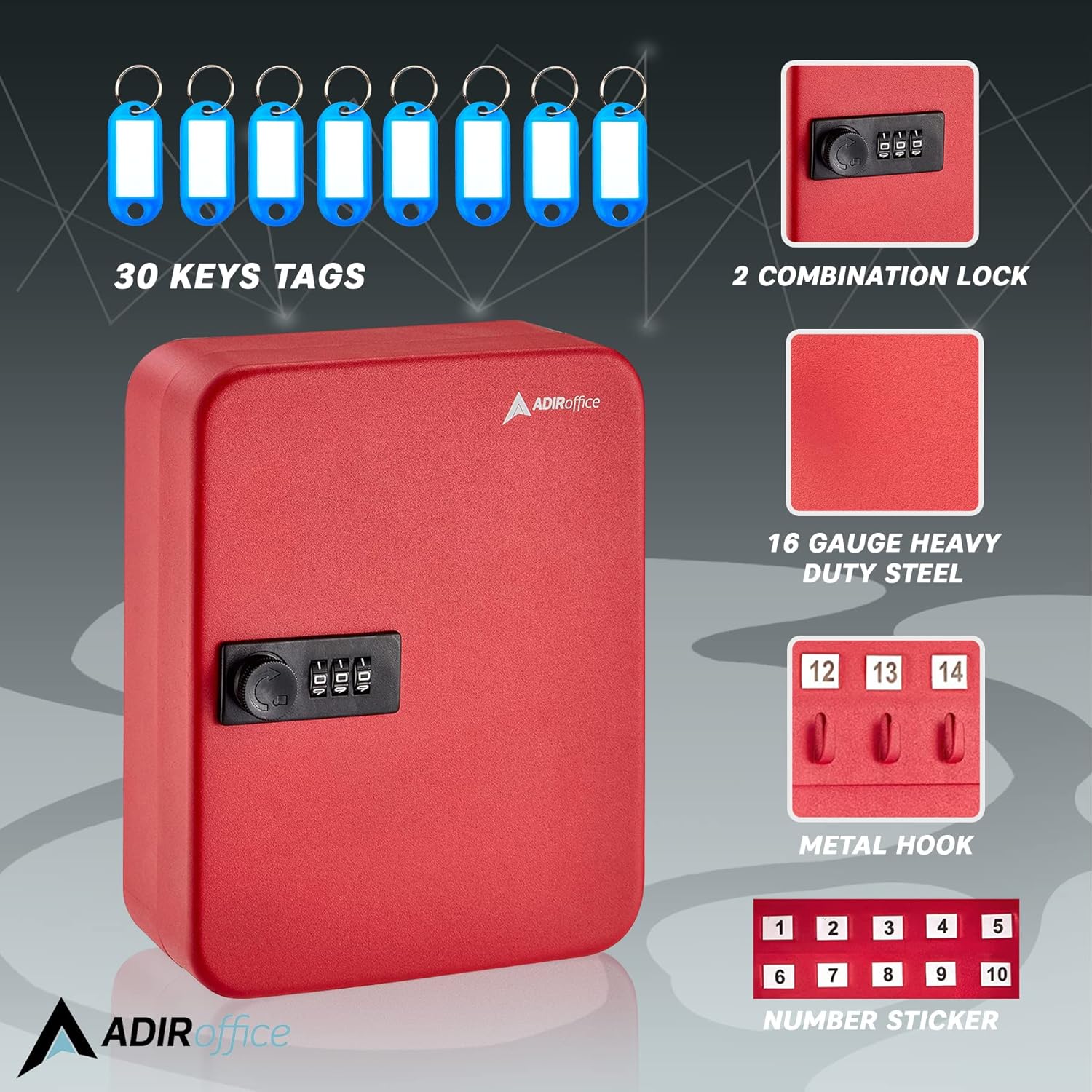 30-Key Steel Secure Key Cabinet with Combination Lock, Red