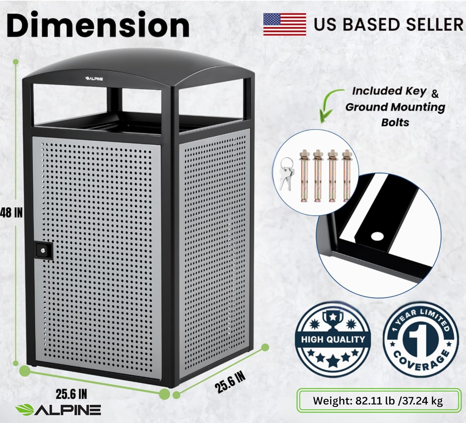 Alpine Industries Rugged 55-Gallon All Weather Trash Container with Door - Steel Panels
