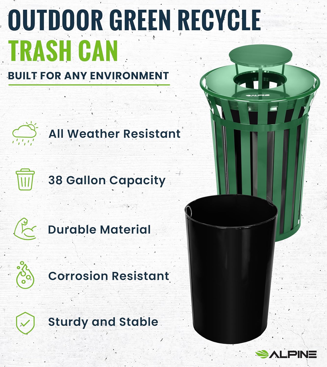 Alpine Industries Outdoor Metal Slatted Trash Receptacle with Rain Bonnet Lid - 38 Gallon Grenn