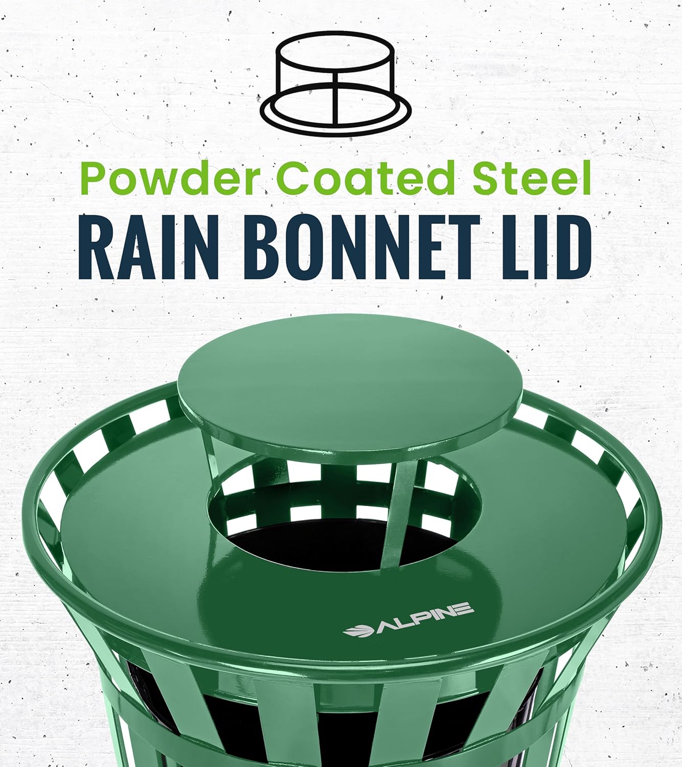Alpine Industries Rain Bonnet Lid for Outdoor Metal Waste Receptacle - 38 Gallon Green