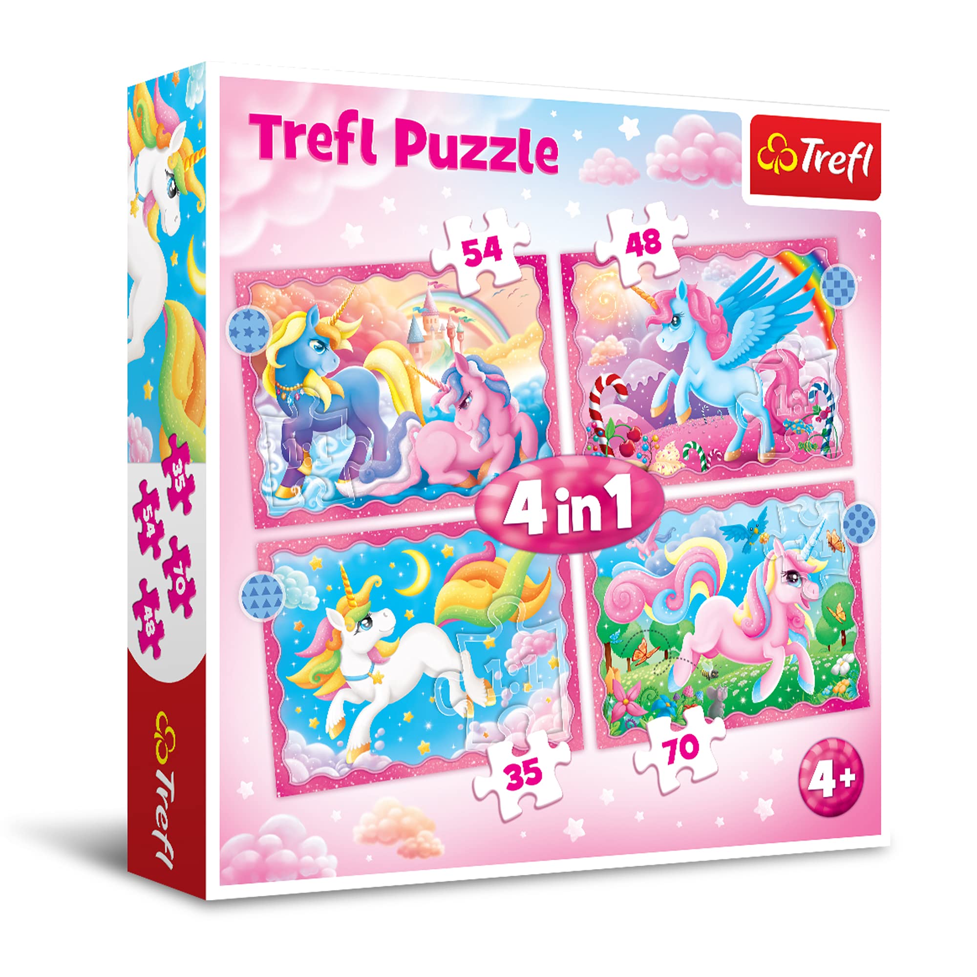 Trefl Brand 4in1 Jigsaw Puzzle, 1 Set of 4 Unicorns and Magic Themed Puzzles, 70 Pieces Each, Cardboard, 4+ Years Old