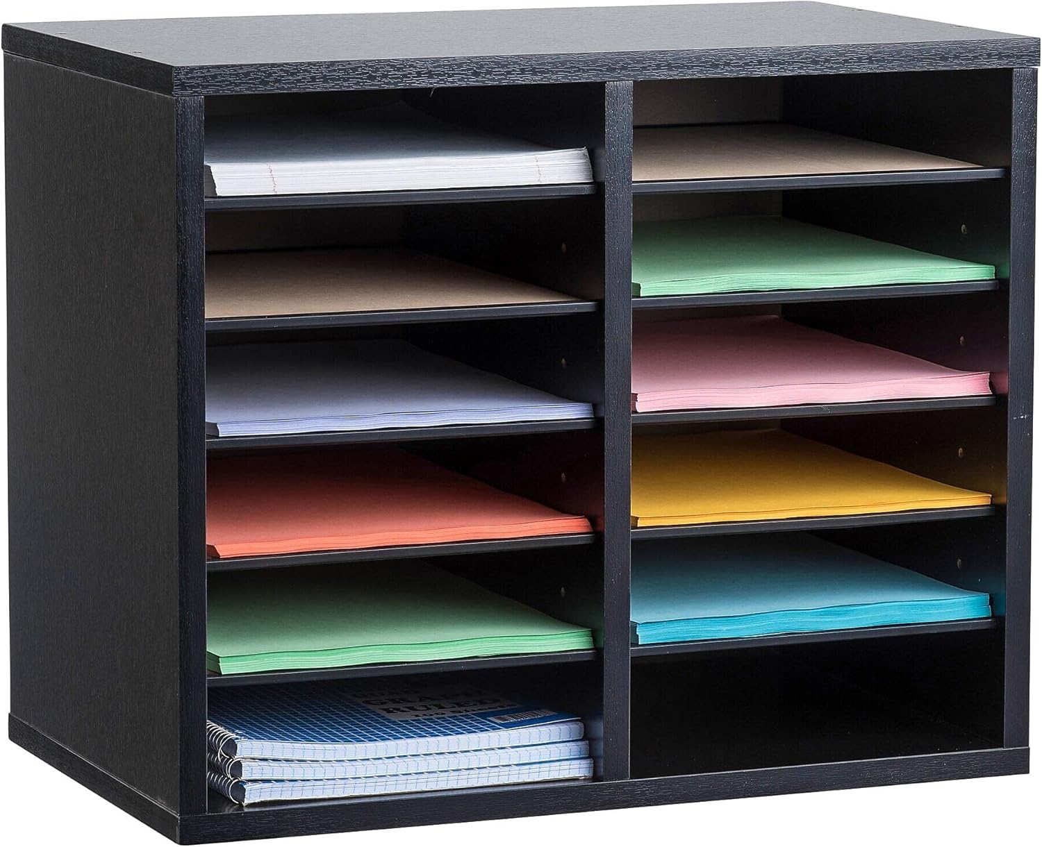 12-Compartment Wood Adjustable Paper Sorter Literature File Organizer, Black