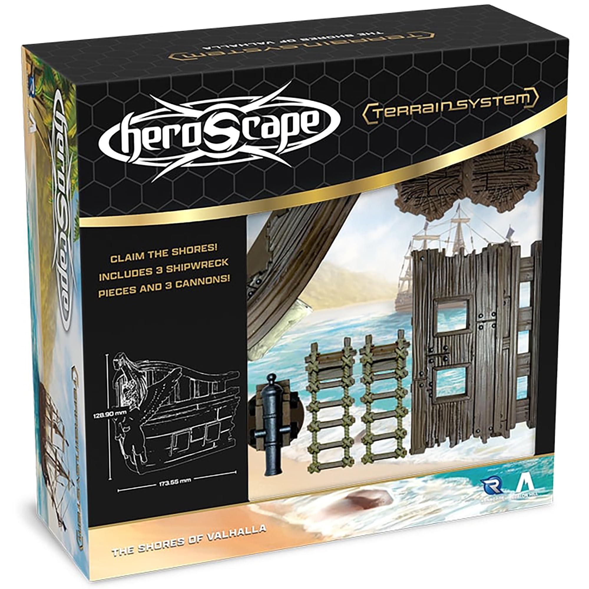 Renegade Games: Heroscape - Shores of Valhalla Terrain Expansion - 18pcs, Crashed Ship Pieces-Cannons-Wood Tiles, Hex-Based Miniature Games Accessory