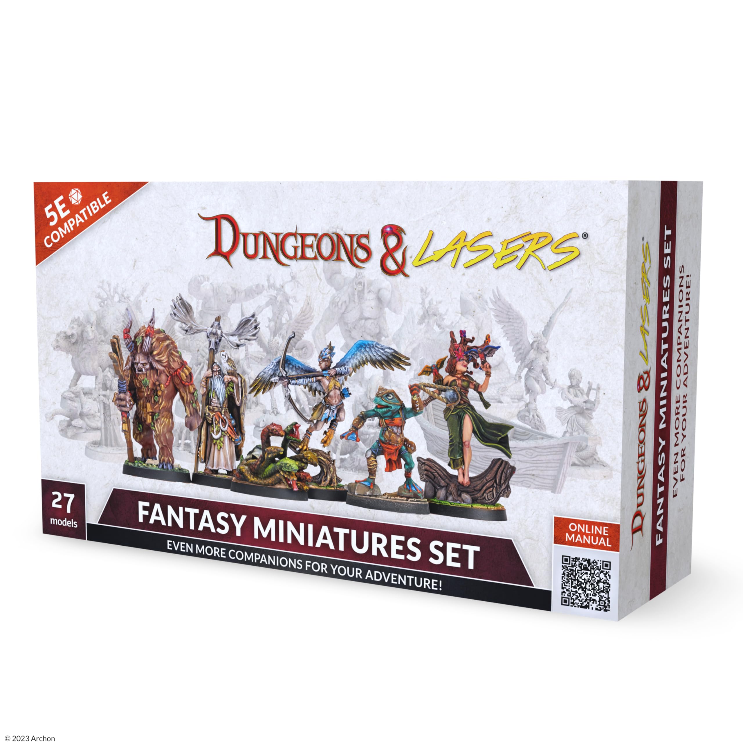 Archon Studio Dungeons & Lasers: Fantasy DND Miniatures Set - 27 Figures with Scenic Bases for 5E Compatible Tabletop RPG Games - Unpainted, Assembly Required - for Ages 14 Years and up