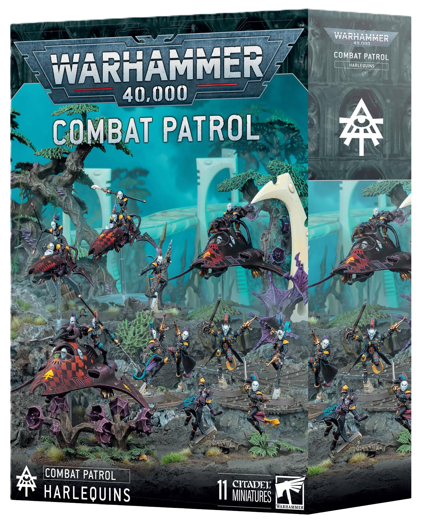 Warhammer 40K: Combat Patrol – Harlequins Miniatures with Solitaire, Harlequin Troupe, Skyweaver, Starweaver, Voidweaver, and Transfer Sheets