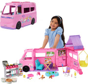Barbie Dream Camper Playset with Roof Tent, Swing Chair, Fishing Pond, BBQ Grill with Color-Change Feature & 60+ Accessories Including Dough