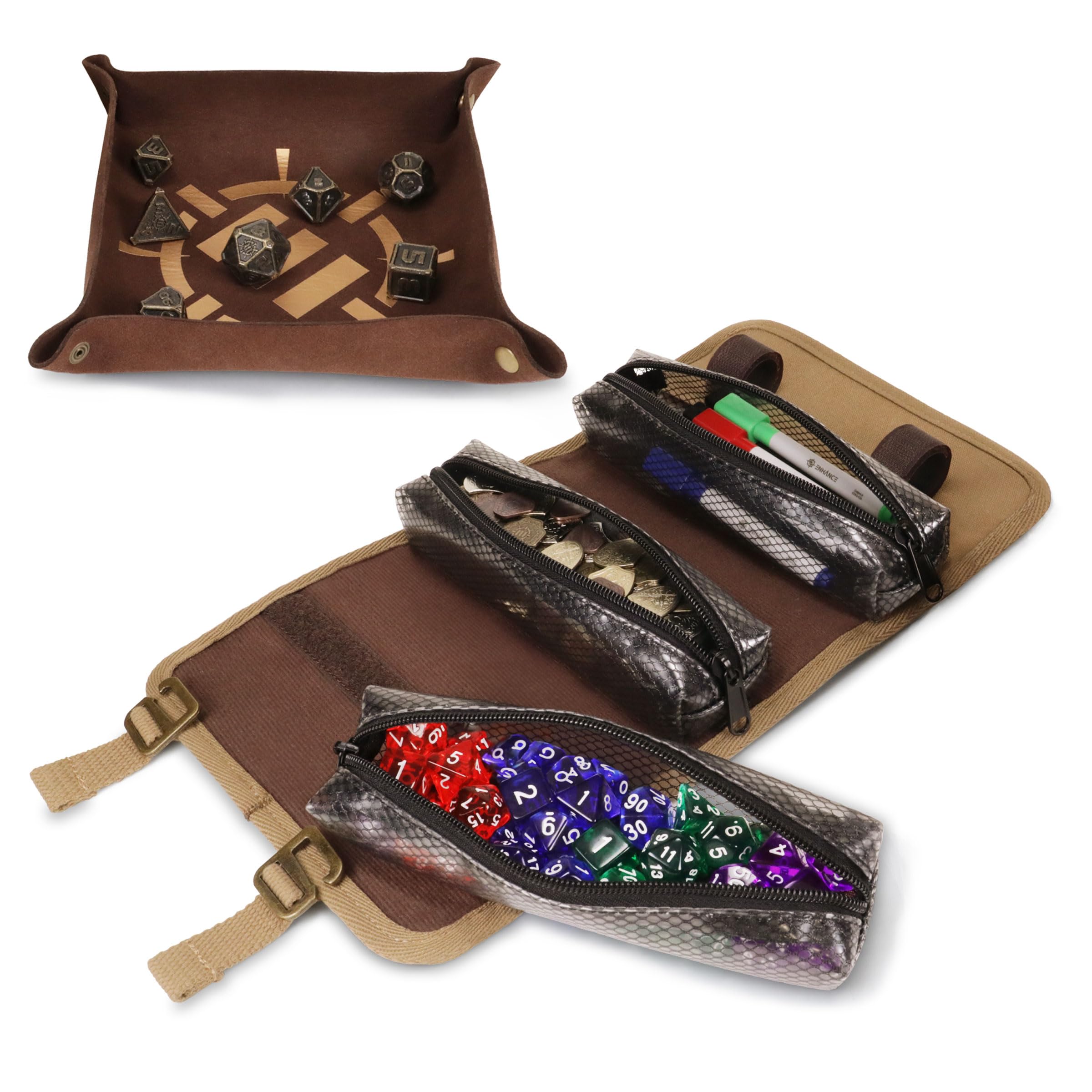 ENHANCE Venture Canvas Dice Roll Case - Dice Carrying Case with Removable Dice Tray, 3 Removable Zipper Pouches - Rolling Tray Perfect for DnD, MTG, and Other Board Games