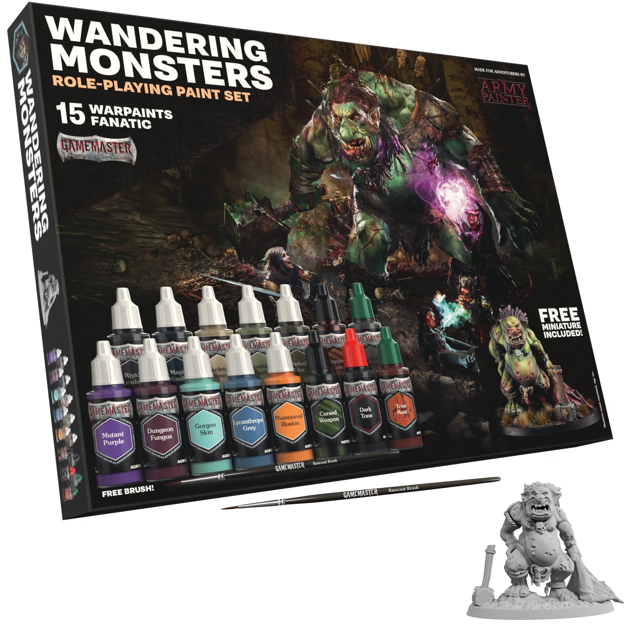 The Army Painter, GameMaster: Wandering Monsters Role-playing Paint Set, 15x18 ml Fanatic Acrylic Paints, incl. Metallics, Wash, Primer, 1 Brush & 1 Free Miniature - For Warhammer & Dnd
