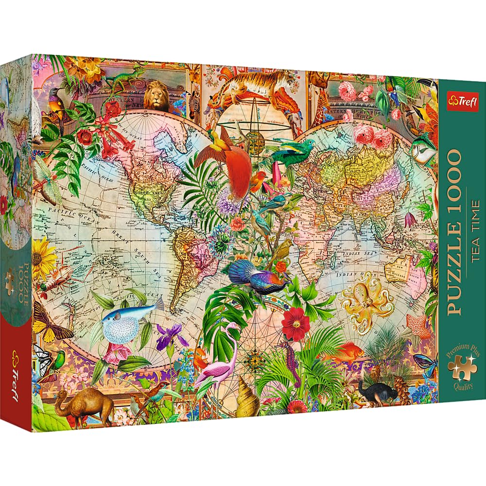 Trefl Antique World Map 1000 Jigsaw Puzzle, Premium Plus, Tea Time 27"x19" A Series of Painted Nostalgic Pictures, Perfect Matching of Elements, for Adults and Children from 14 Years Old