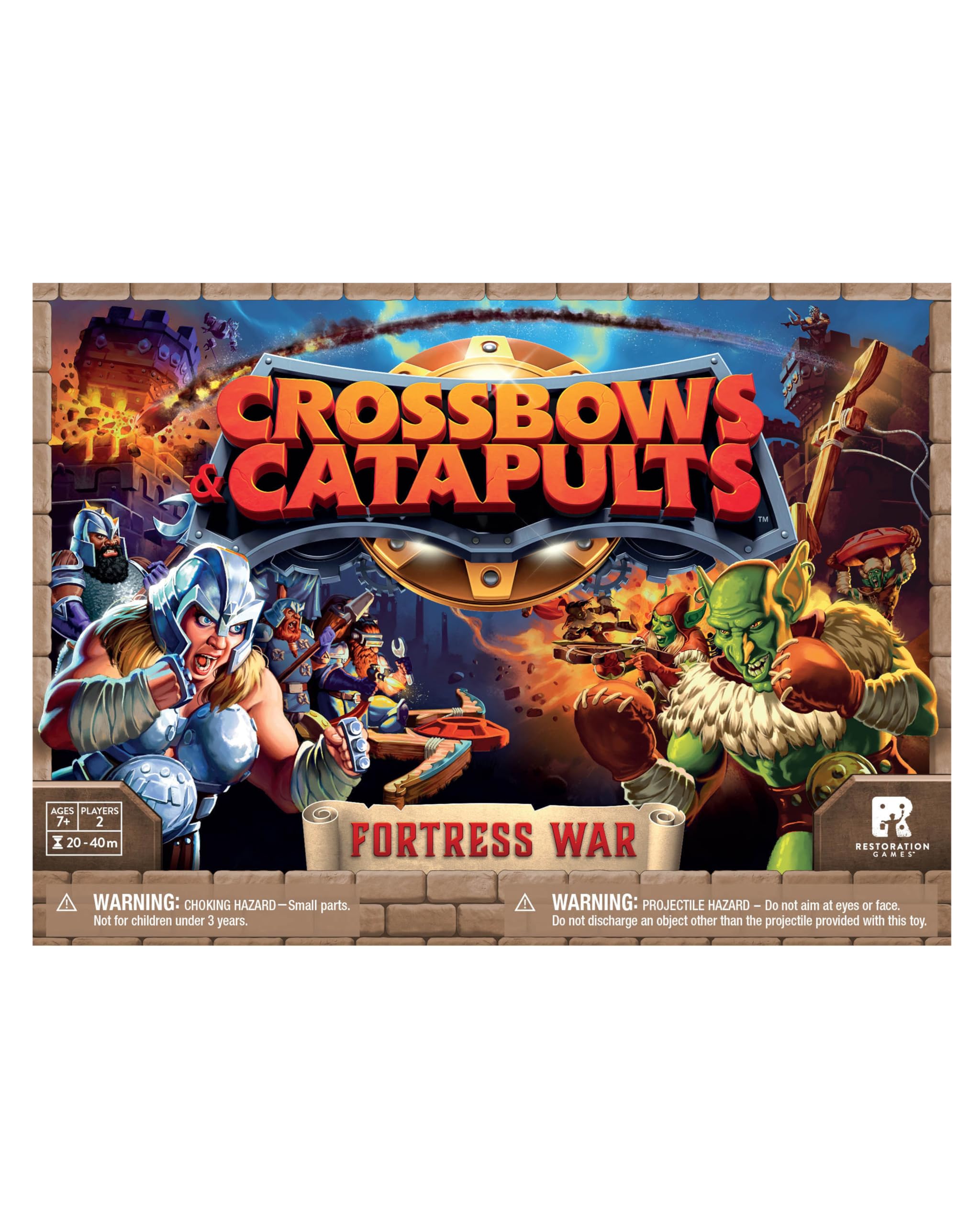 Restoration Games Crossbows and Catapults Fortress War - Dexterity Game for 2 Players - Build, Launch, and Topple Castles - 20-40 Min Playtime - Ages 7+