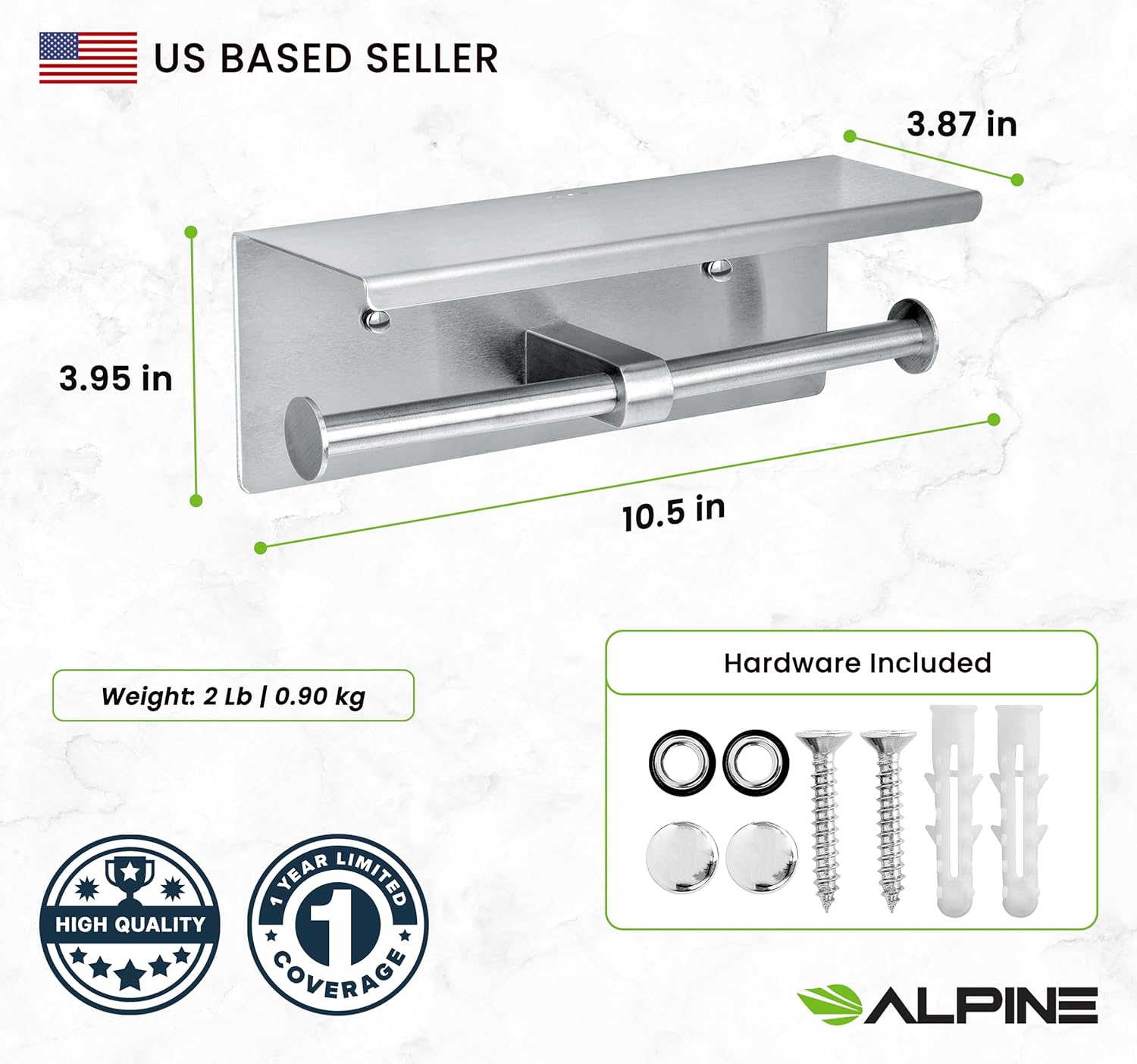Alpine Industries Double Toilet Paper Holder with Shelf Storage Rack, Brushed Stainless