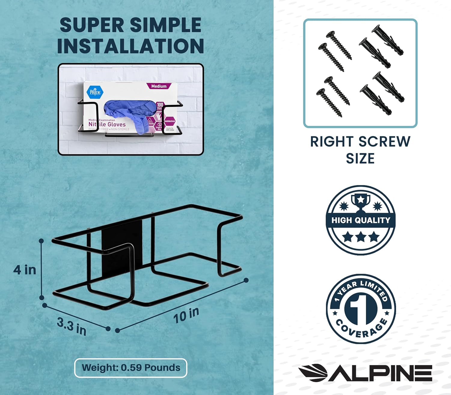 Alpine Industries Single Box Capacity Wire Wall Mount Glove Dispenser, Black