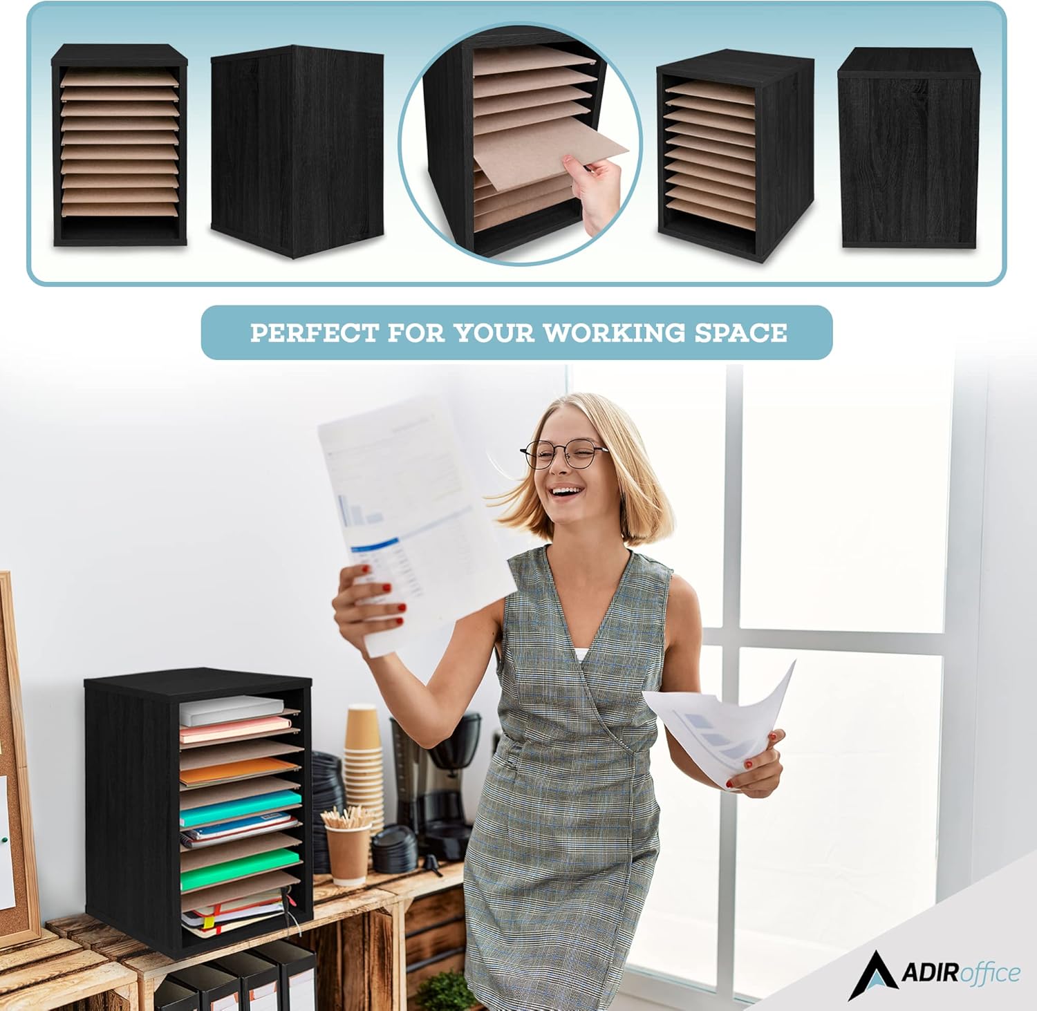 11-Compartment Wood Adjustable Vertical Paper Sorter Literature File Organizer, Black