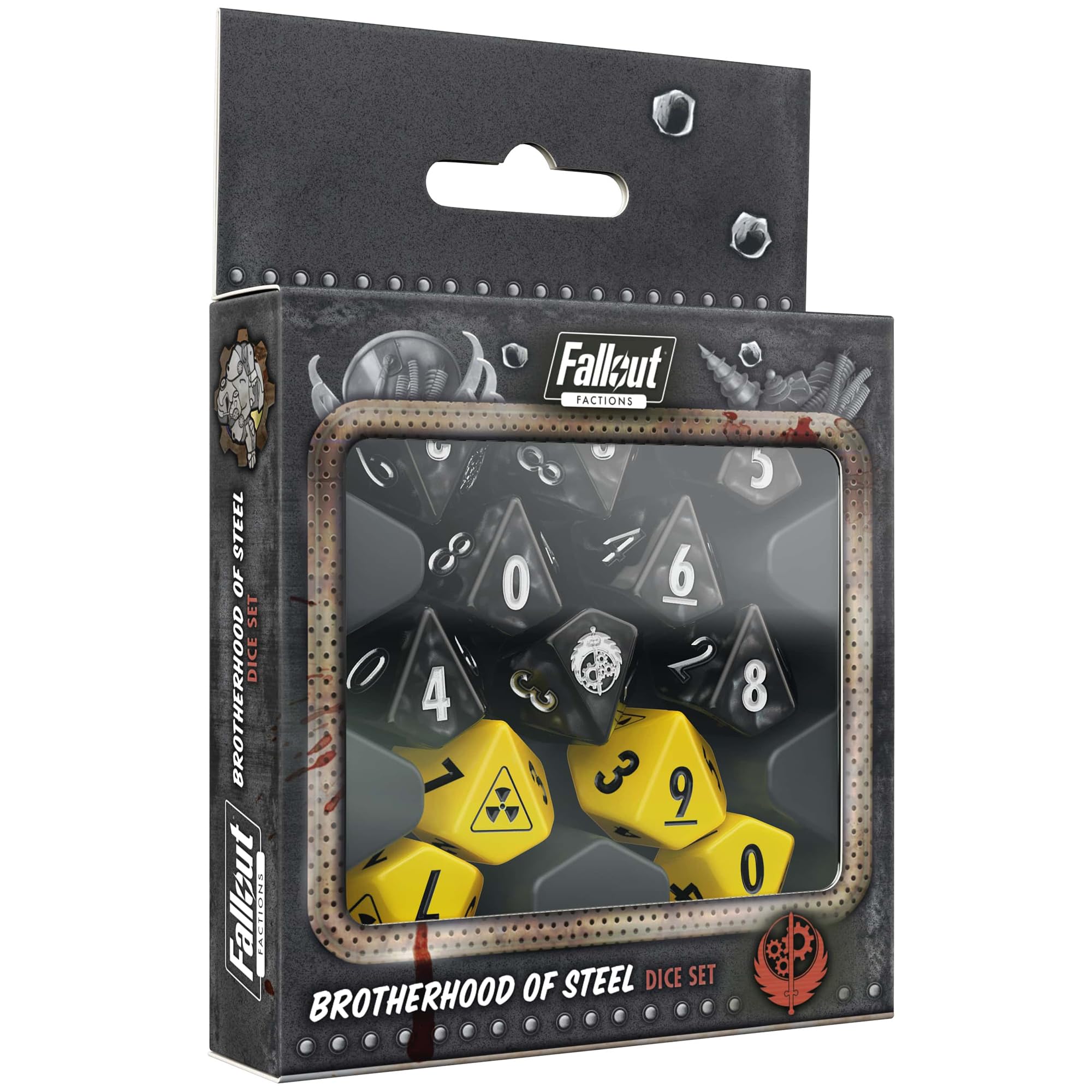 Modiphius Entertainment: Fallout: Factions: Brotherhood of Steel Dice Set - 12 Piece, Black & Yellow, RPG Play & Luck d10 Die, Roleplaying Accessory