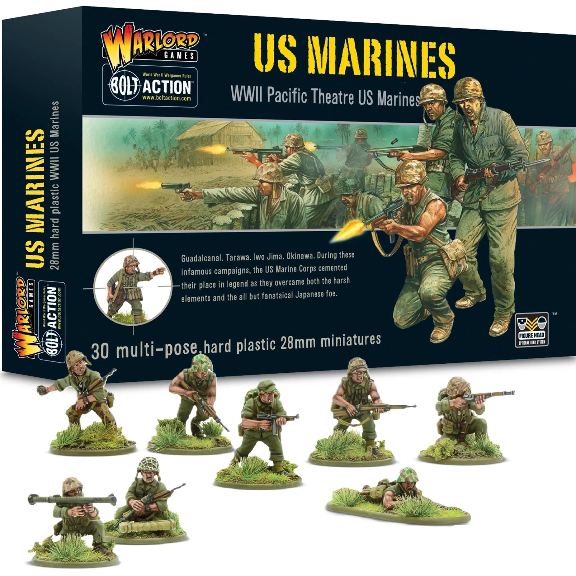 Warlord Bolt Action US Marines Pacific Theater 1:56 Tabletop Miniatures - Plastic Paintable Miniature WWII Soldiers Set, Unpainted Table Top 28mm Military Minifigures for Adults - Gaming Figurines