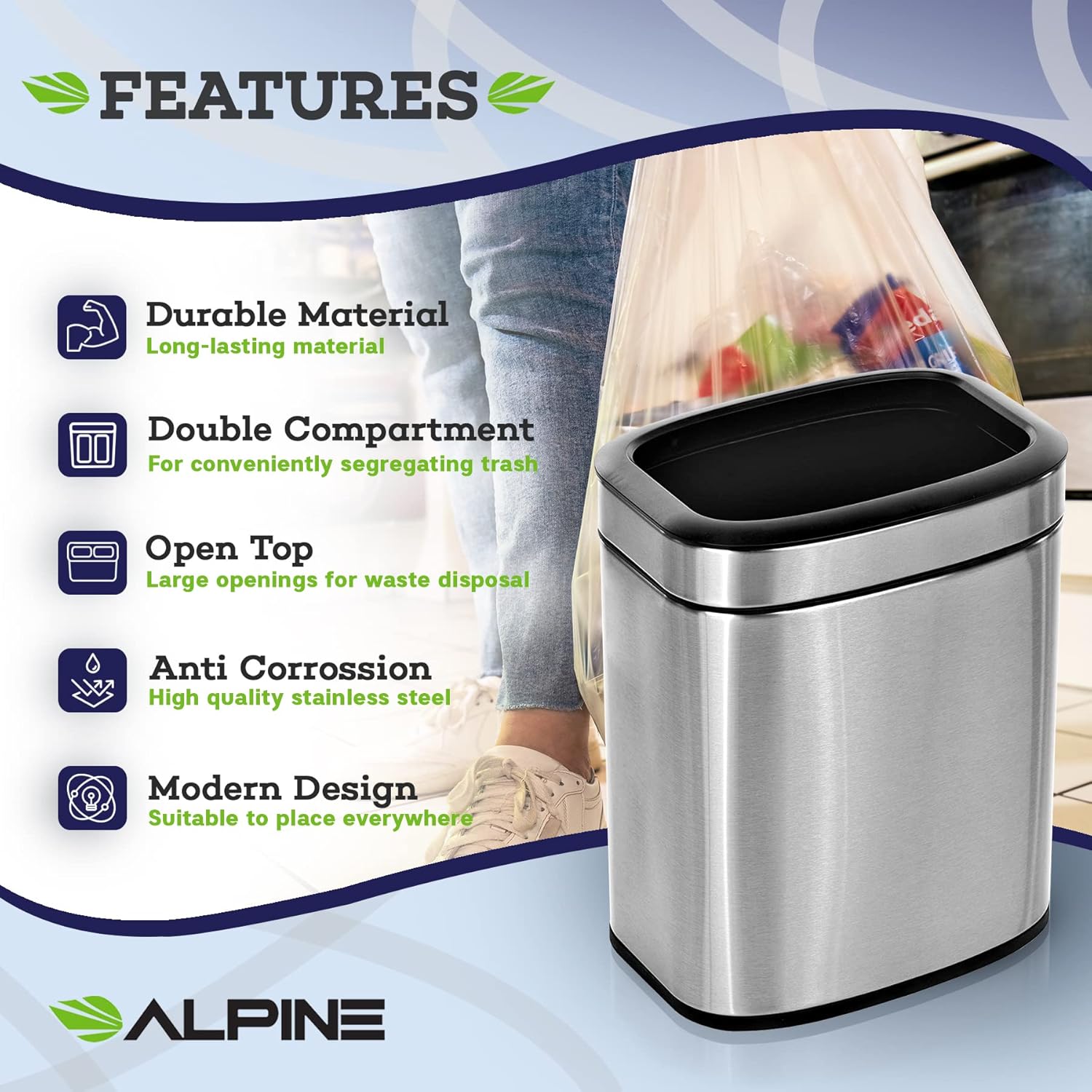 Alpine Industries 2.6 Gal. Stainless Steel Rectangular Liner Open Top Trash Can 2 Pack