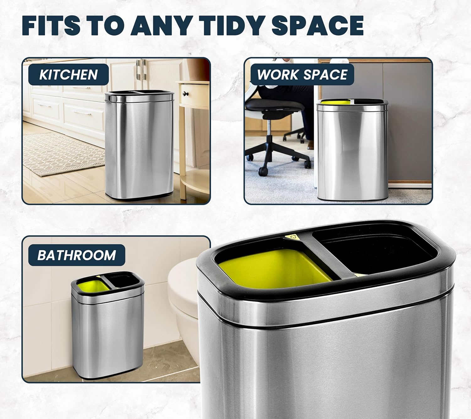 Alpine Industries 40 L / 10.5 Gal Stainless Steel Slim Open Trash Can Dual Compartment, Brushed Stainless Steel