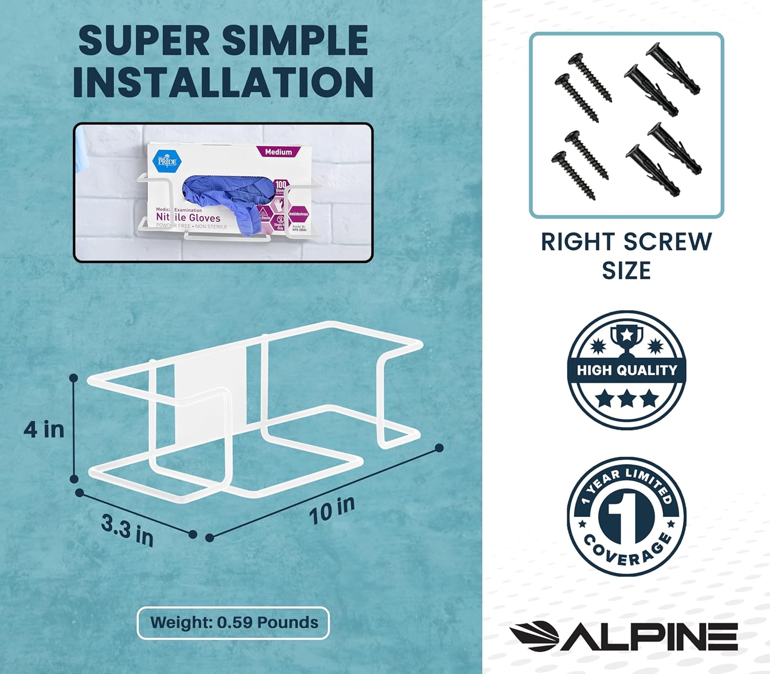 Alpine Industries Single Box Capacity Wire Wall Mount Glove Dispenser, White