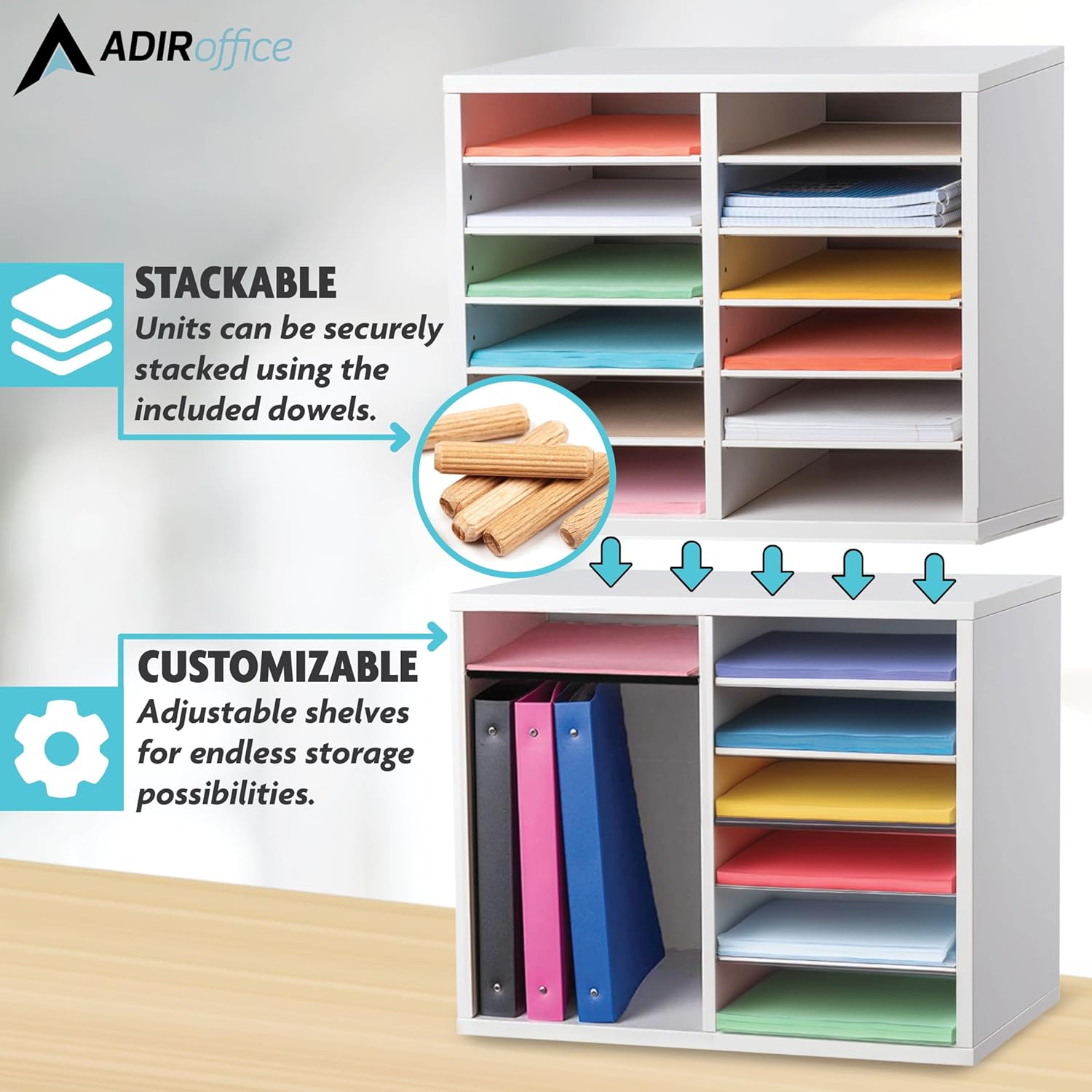 Wood Adjustable 12 Compartment Literature Organizer, White 2 Pack