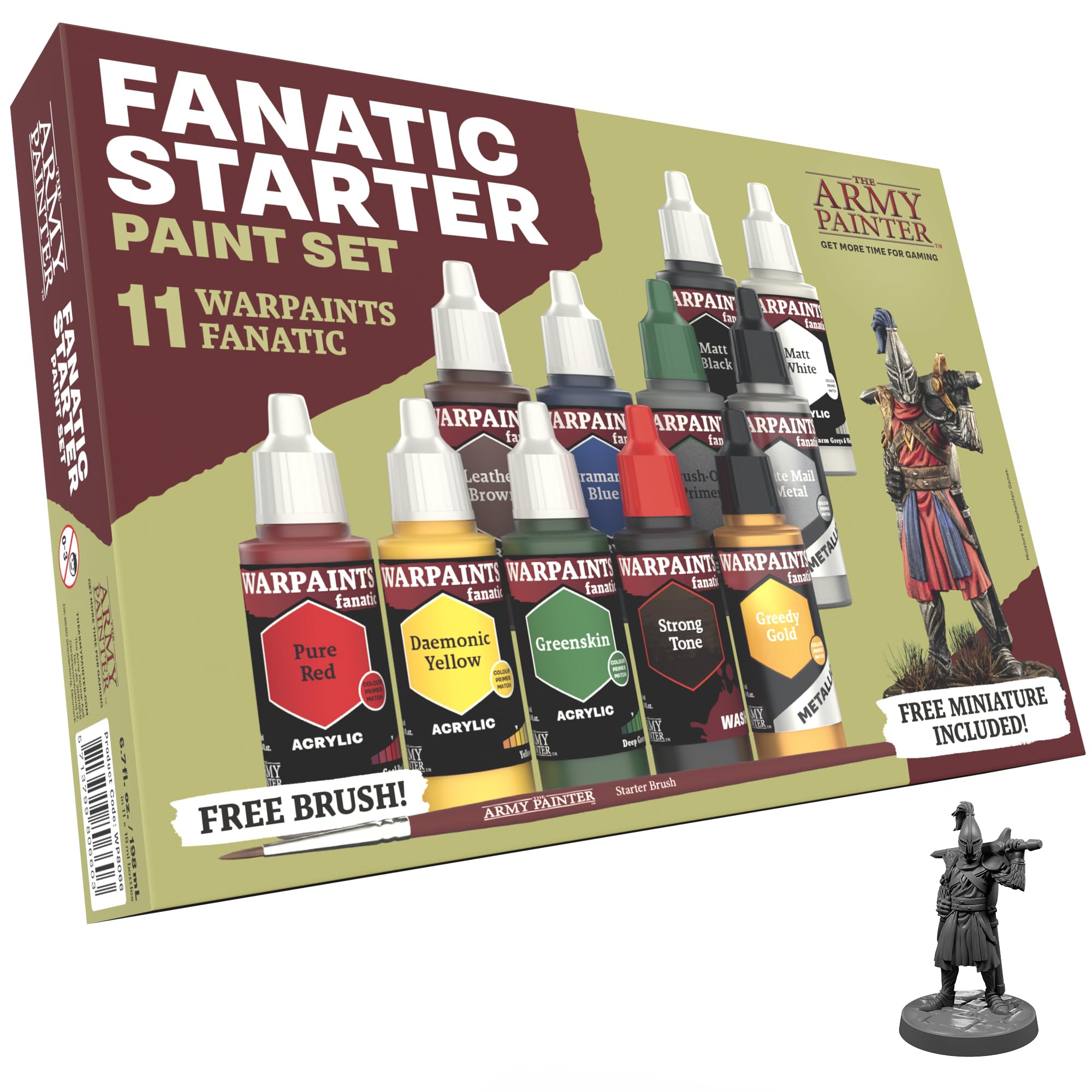 The Army Painter Warpaints Fanatic: Starter Set, 11 x 18 ml Acrylic Paints, incl. Metallics, Wash, Brush-On Primer, 1 Miniature & 1 Brush - Miniature paint set for D&D & Warhammer Figures