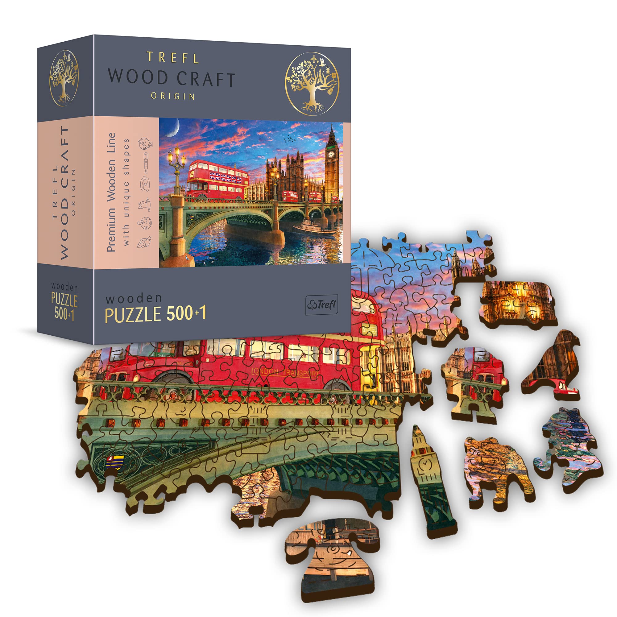 Trefl 20155 500+1 Teile, Wood Craft, unregelmäßige Formen, 50 Figuren englischer Monumente Symbole, für Erwachsene und Kinder ab 12 Jahren Puzzle, Palace of Westminster, Big Ben, London