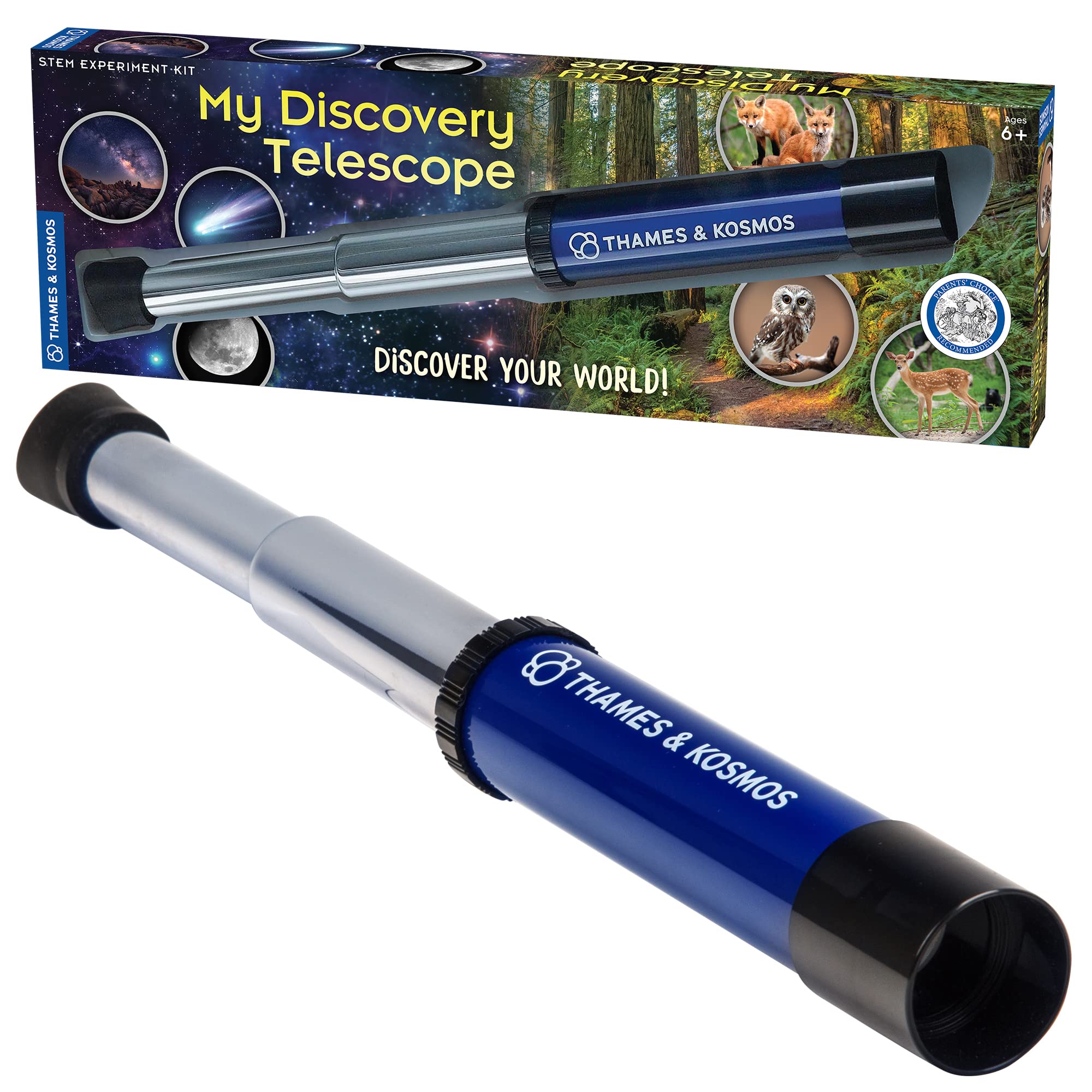 Thames & Kosmos My Discovery Telescope | Refracting Telescope with 12x Magnification | Compact & Portable for Land & Night Sky Observations | See The Moon, Planets, Wild Animals in Your Backyard!