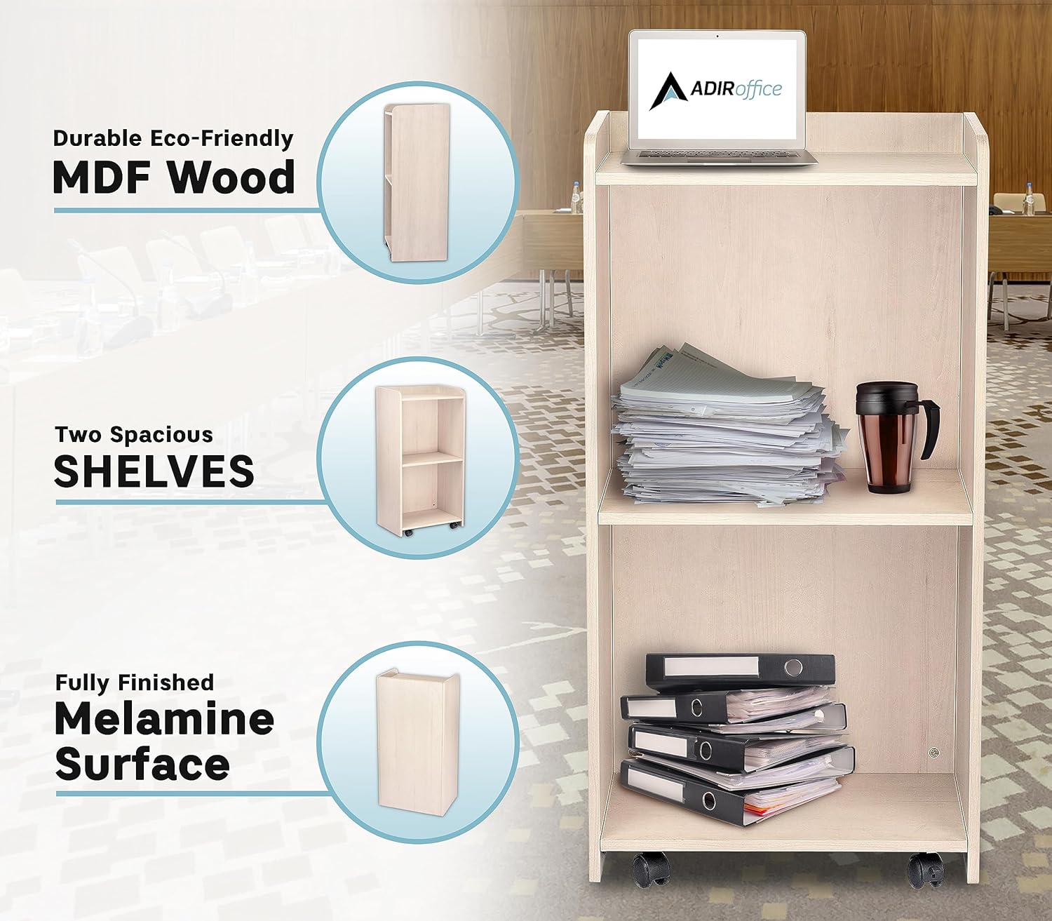 White Wood Mobile Presentation Lectern Stand with Shelves with Black Cover