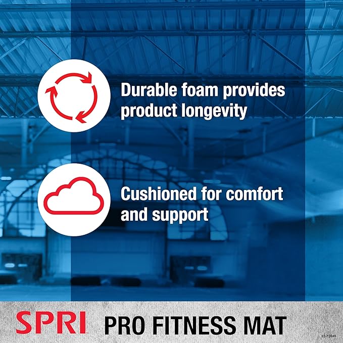 SPRI 12mm Pro Fitness Matt (Black)- Thick Exercise Mat for Floor Workouts, Sit-Ups, Push-Ups, Stretching, Toning, and General Fitness - Non-Slip Texture, Cushioned, Portable Rolling Mat with Carrying Strap